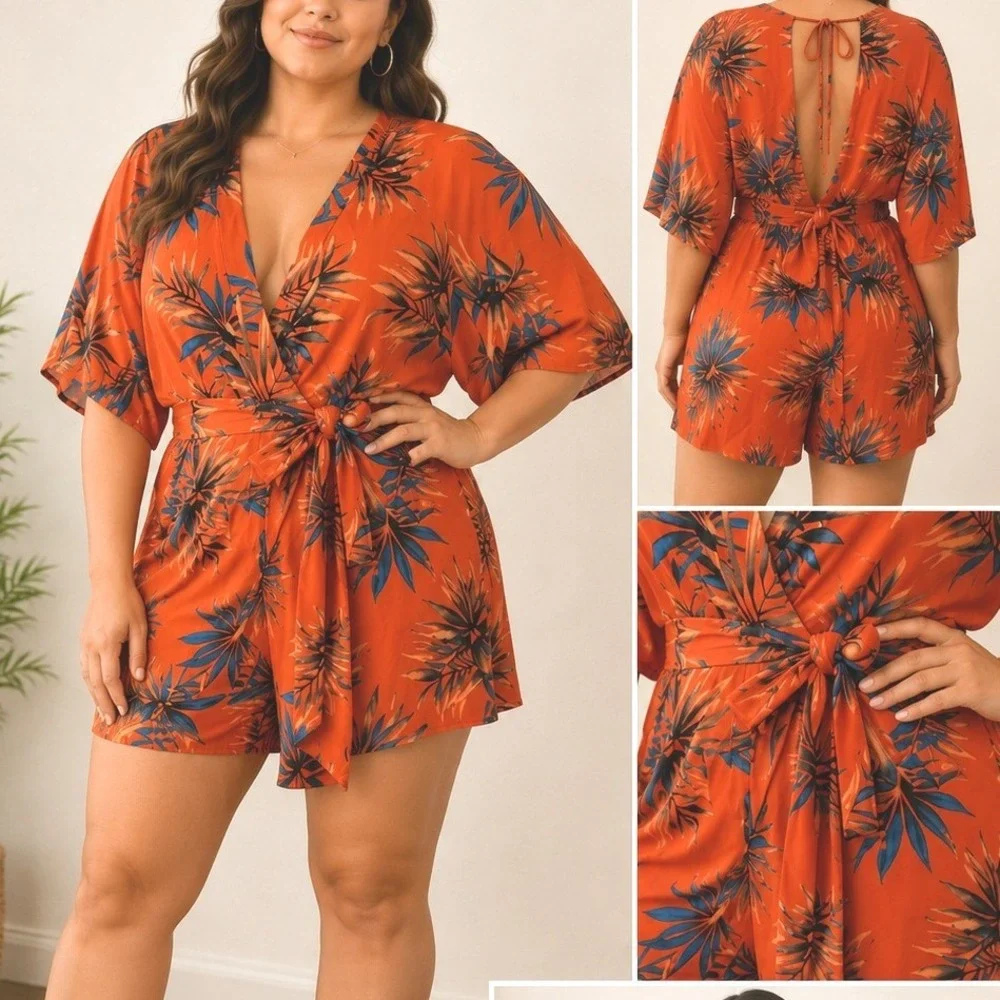Tropical Palm Print V-Neck Romper Orange Tie Open Back‎ Size L Resort Vacation